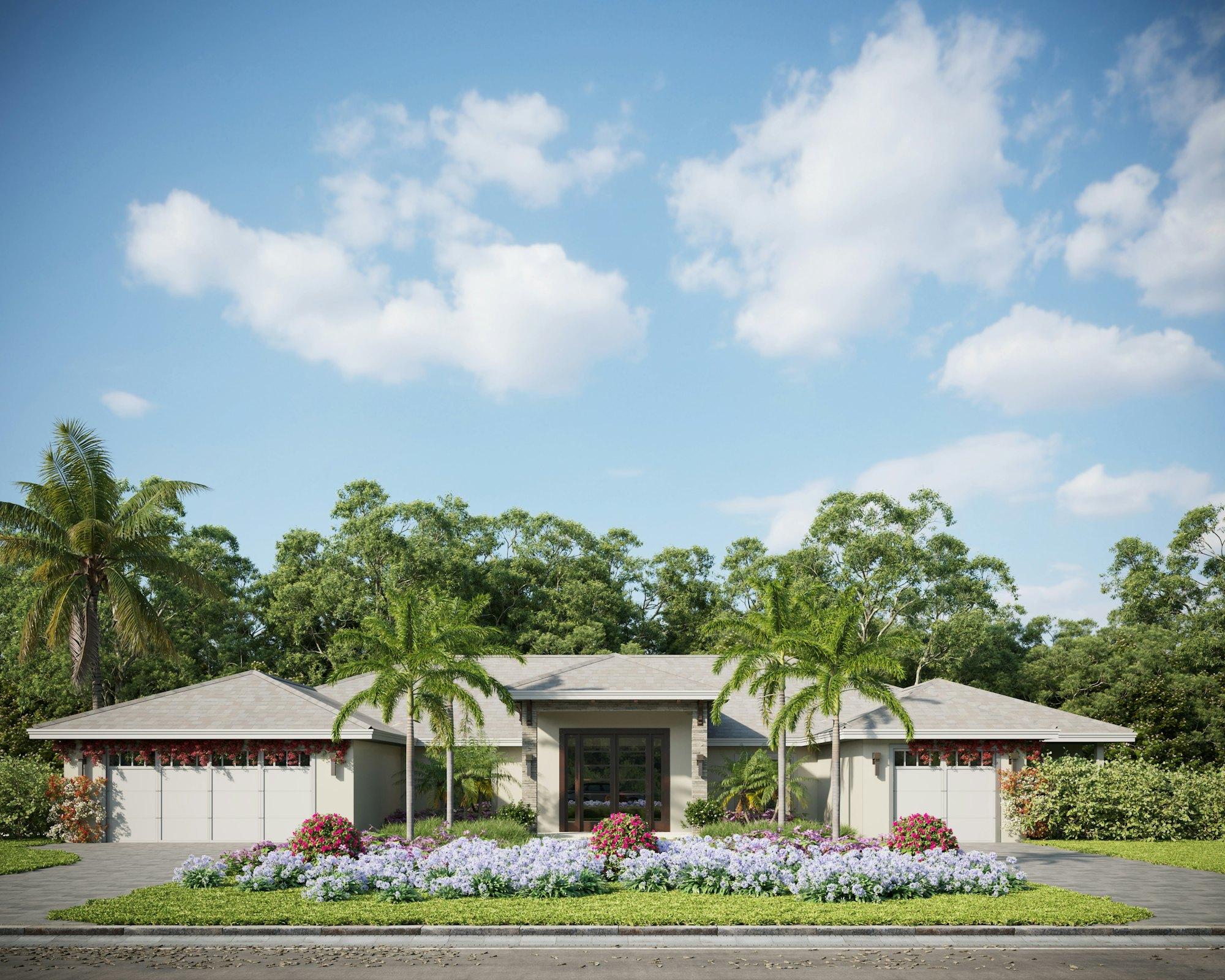 Florida home with palm trees and a landscaped front yard